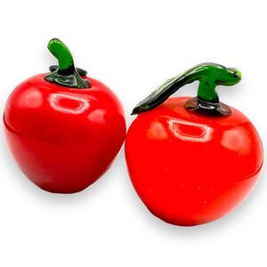 X2 Vintage Hand Blown Art Glass Red Apples Kitchen Decor Fruit Kitsch